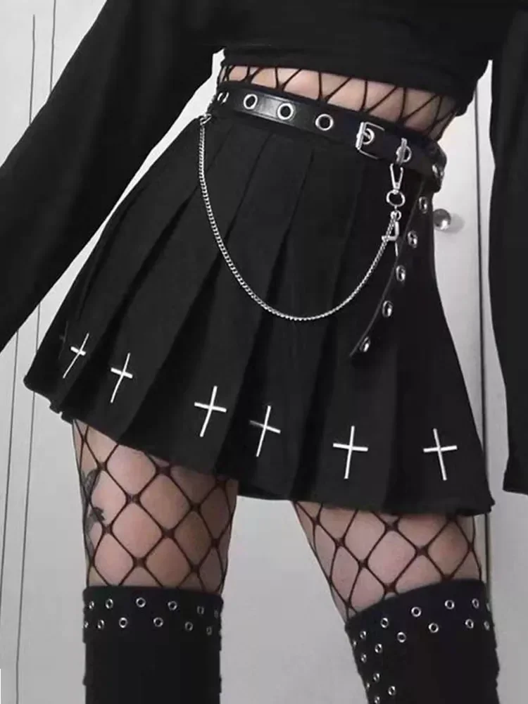 Waist Mini Black Skirts Gothic Streetwear Cross Print Pleated Women Skirts Casual College Lolita Harajuku Skirt