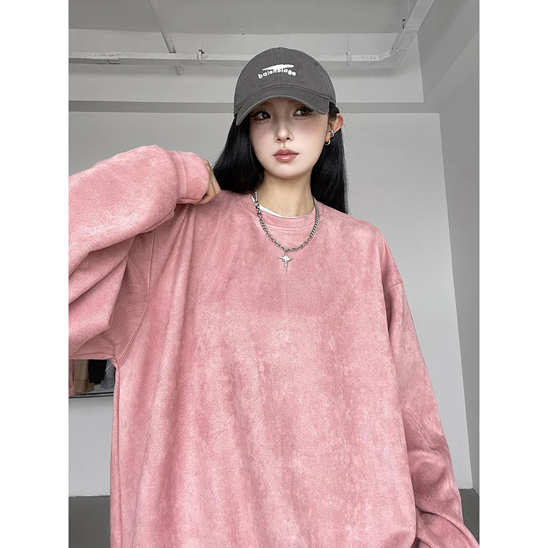 

Suede Leather Feeling Hoodies Drop Shoulder Women Pullovers Autumn Gothic Solid Streetwear Sweatshirts Hip-hop Female Clothing