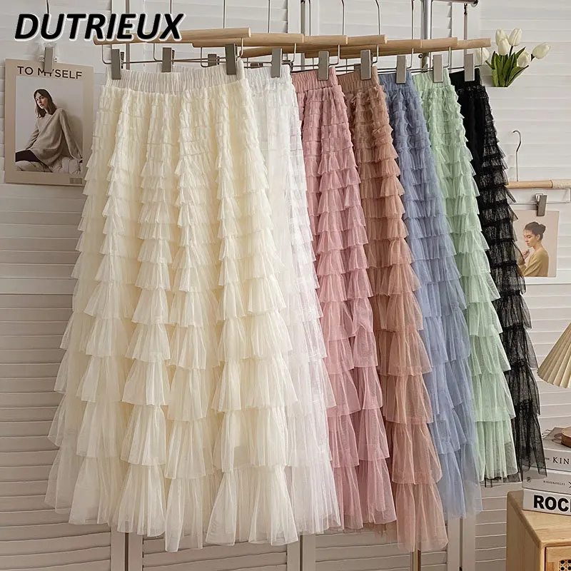 

Female Solid Color Layered Sweet Cake Skirt Women's 2023 Spring Summer New Slimming Elastic High Waist Mid-length Skirt Fashion