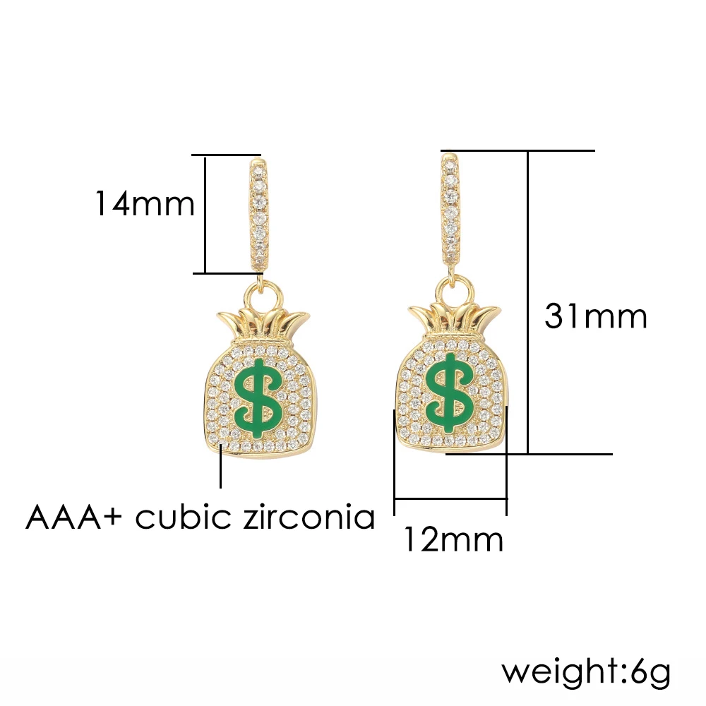 Серьги с символом доллара сумка для денег серьги в стиле хип-хоп рок Iced Out циркон