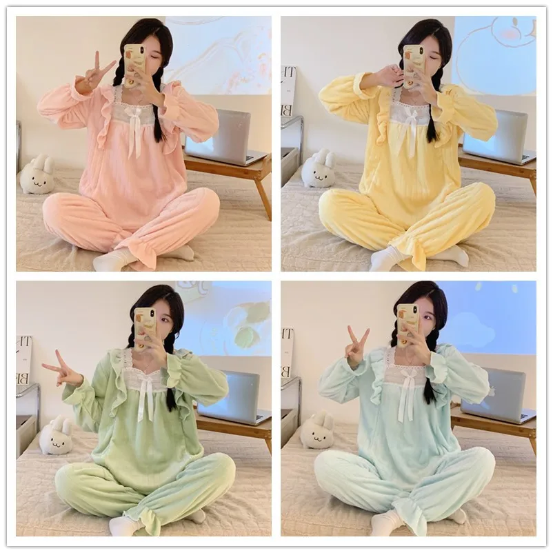 Фланелевый зимний пижамный комплект для женщин пижама с длинным рукавом ночная