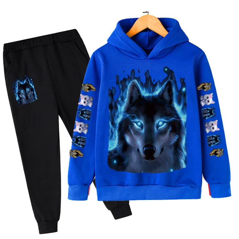 

Kids Clothing New Animal Wolf Cat Hoodies Sets Girls Boys Cotton Children Casual Print Sweatshirt Suit Baby Fashion Clothes Suit