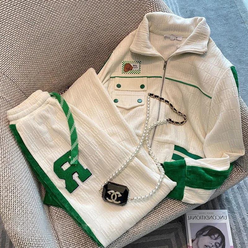 

Women Casual Brand Pants Suit Autumn and Winter Lapel Zipper Long Sleeve Coats+Elastic Waist Trousers 2 PIEC Set Top and Pants