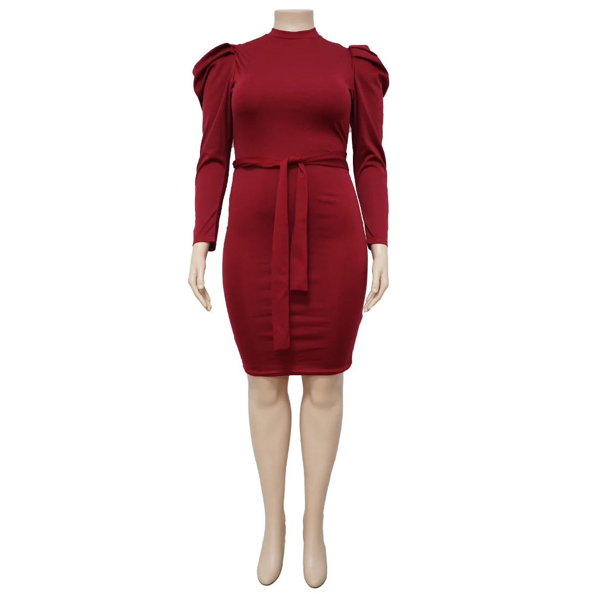 Plus Size Dresses O-Neck Solid Lace Up Knee-length Long Sleeve Elegant Long Women's Overalls Party Dress High Street Sheath Full