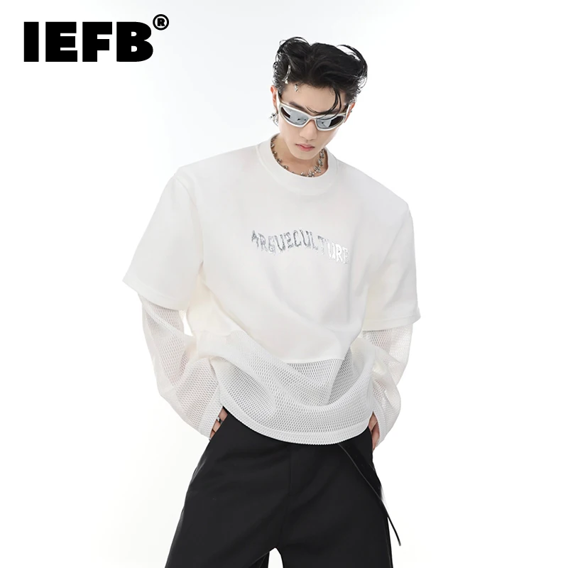 

IEFB Men's Fashion Shoulder Pad T-shirts Threedimensional Irregular Metal Long Sleeve Tee Summer Thin Mesh Stitching Tops 9C685
