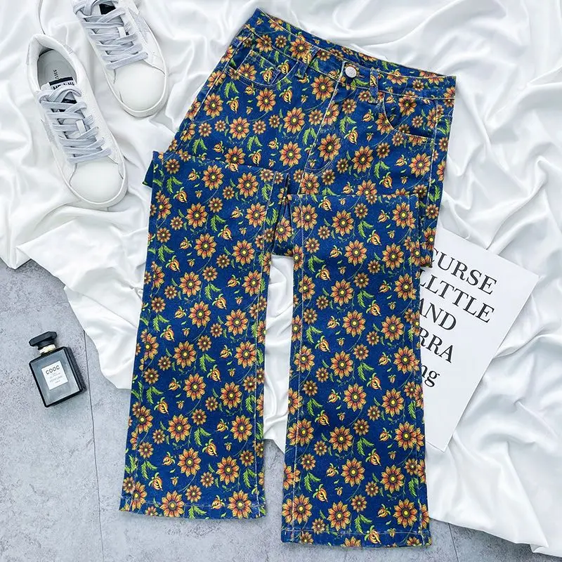 

2022 Summer New Large Sunflower Stretch Jeans Women's Slim, High Waist, Floral Cropped Pants jean shorts vintage clothes