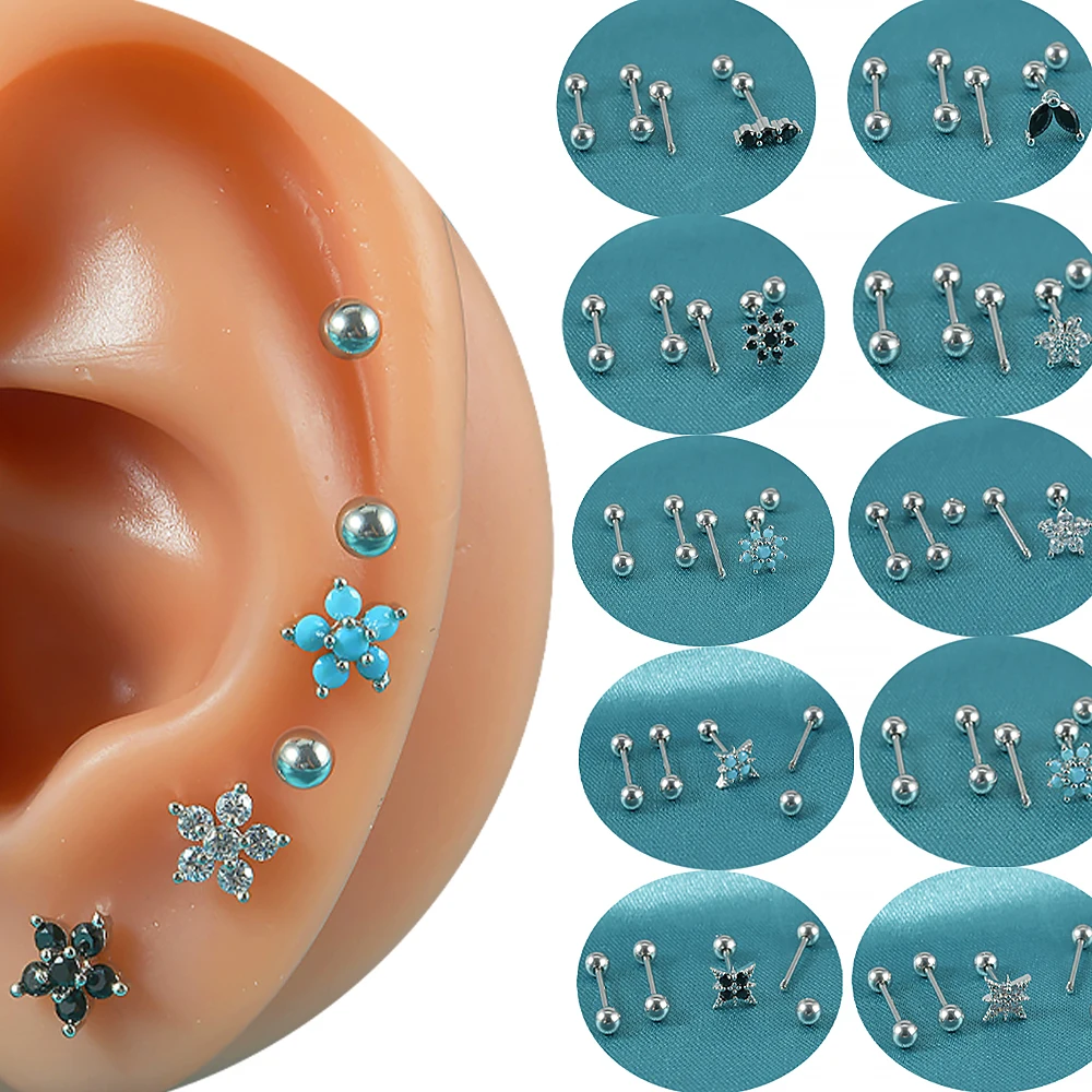 

4pcs/set Cz Turquoise Stud Earring 316L Stainless Steel Ear Lobe Tragus Conch Helix Cartilage Piercing Jewelry for Women Girl