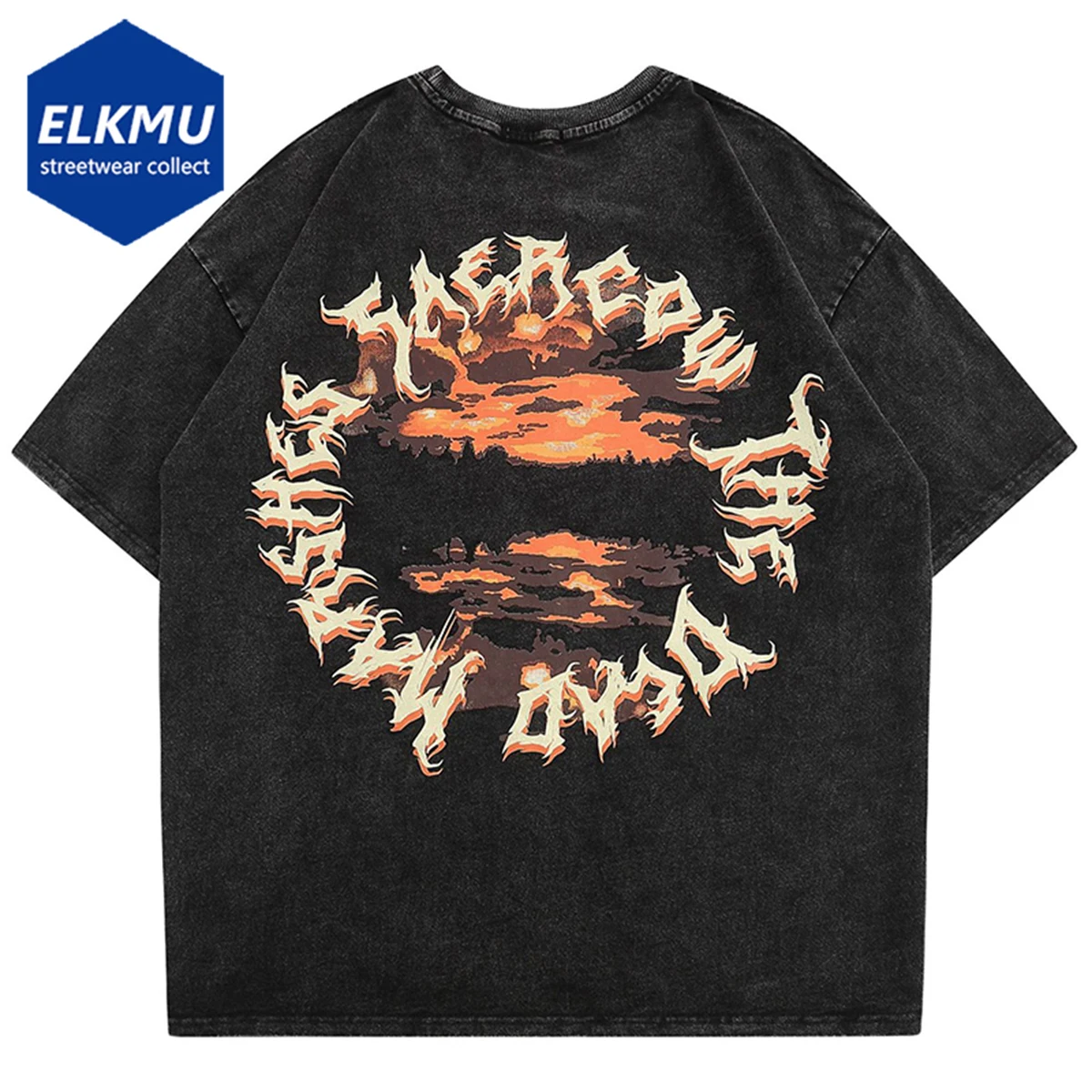 

Футболка мужская джинсовая в стиле Харадзюку, Повседневная Свободная рубашка из денима, с графическим сращением, в стиле хип-хоп, хлопковая ...