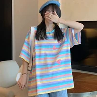 new color striped print t shirts summer loose o neck short sleeve oversized t shirt hiphop streetwear women top y2k clothes