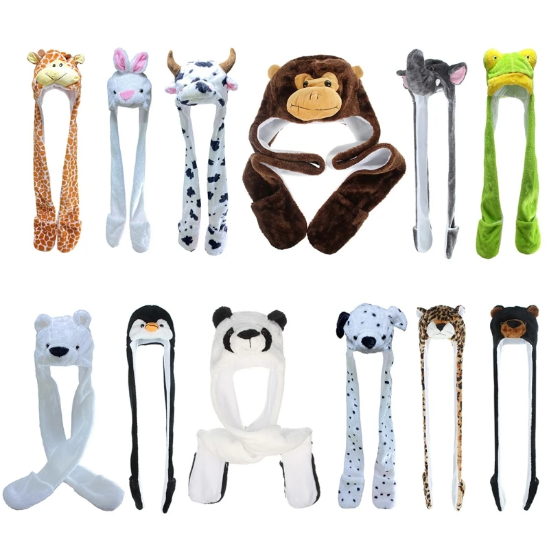 

3 In 1 Animal Plush Hat Scarf Mitten Combo Cute Stuffed Warm Beanie Earflap