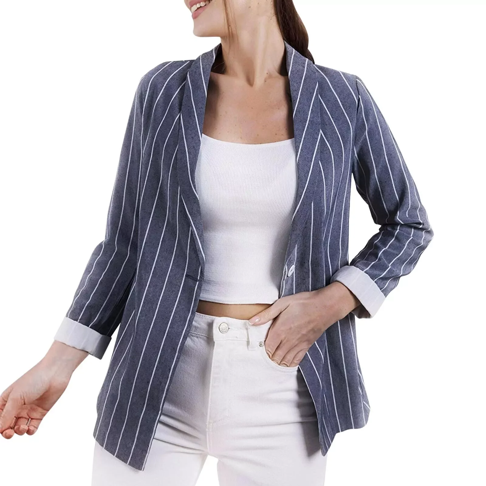 

NEW IN Women Long Sleeve Striped Print Turn-down Collar 2022 Women Jacket Fashion Streetwear Coat Office Ladies Striped Blazers
