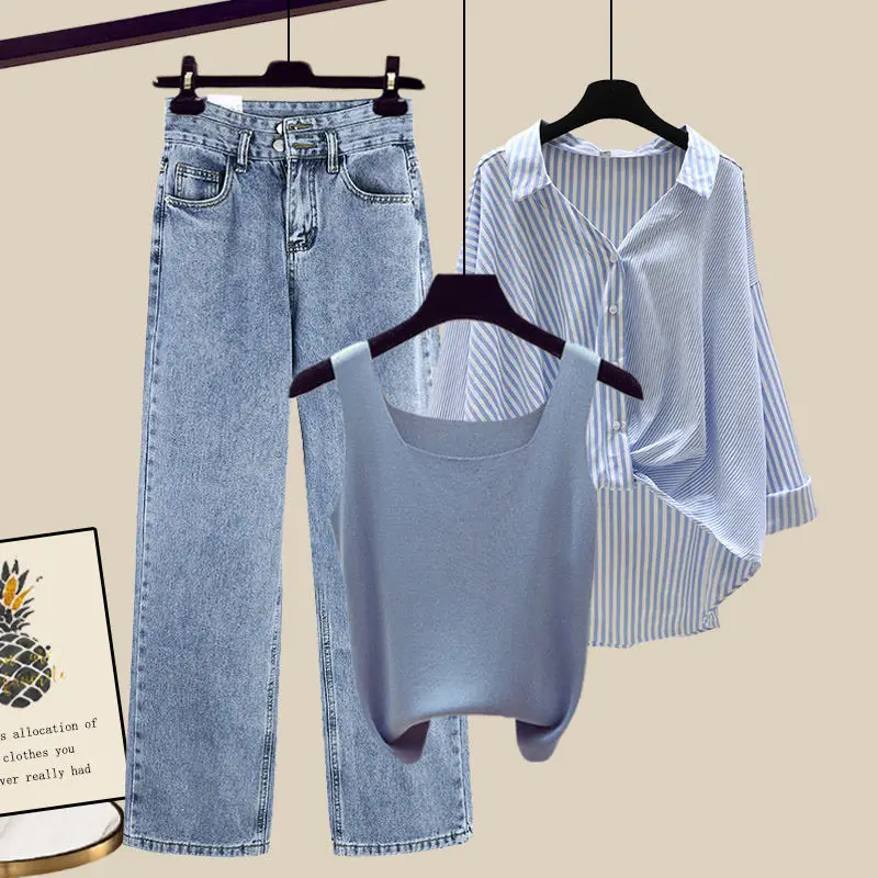 

Large Size Women's Clothing 2022 Spring Autumn Clothing Blouse Jacket Camisole Jeans Three-piece Suit Denim Trousers Set E214