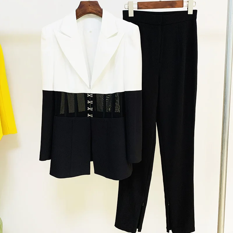 HIGH STREET Newest 2023 Designer Runway Suit Set Women's Color Block Perspective Blazer Pants Suit Two Pcs