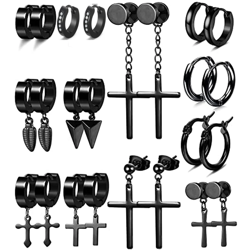 

12 Pairs Of Stainless Steel Earrings For Men And Women Black Huggie Hoop Earring Set Hinge Ring Pendant Cross Earrings