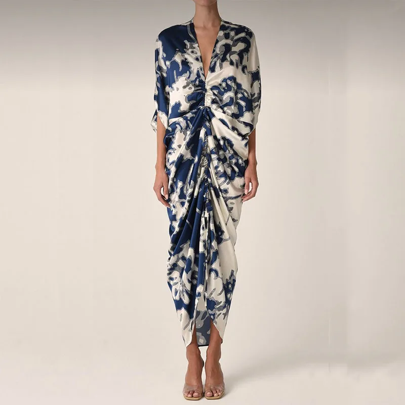 

Women Casual Deep V-neck Shirt Dress Elegant Stitch Color Fold Party Dress Fashion Summer 3/4 Sleeve Drawstring Tie Long Dress