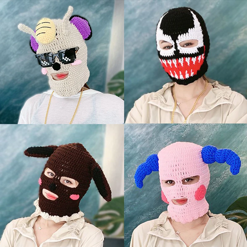 

2022 Christmas Wool Knit Hat Mask Men Women Funny Caps Party Winter Handmade Headgear Festival Gift Cosplay Costumes Beanie Hat