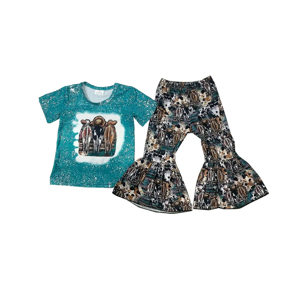 

Hot Sale Baby Girl Clothes Cow Print Girls Boutique Bell Bottom Outfits Milk Silk Fashion Kids Children Clothing Girls Set New
