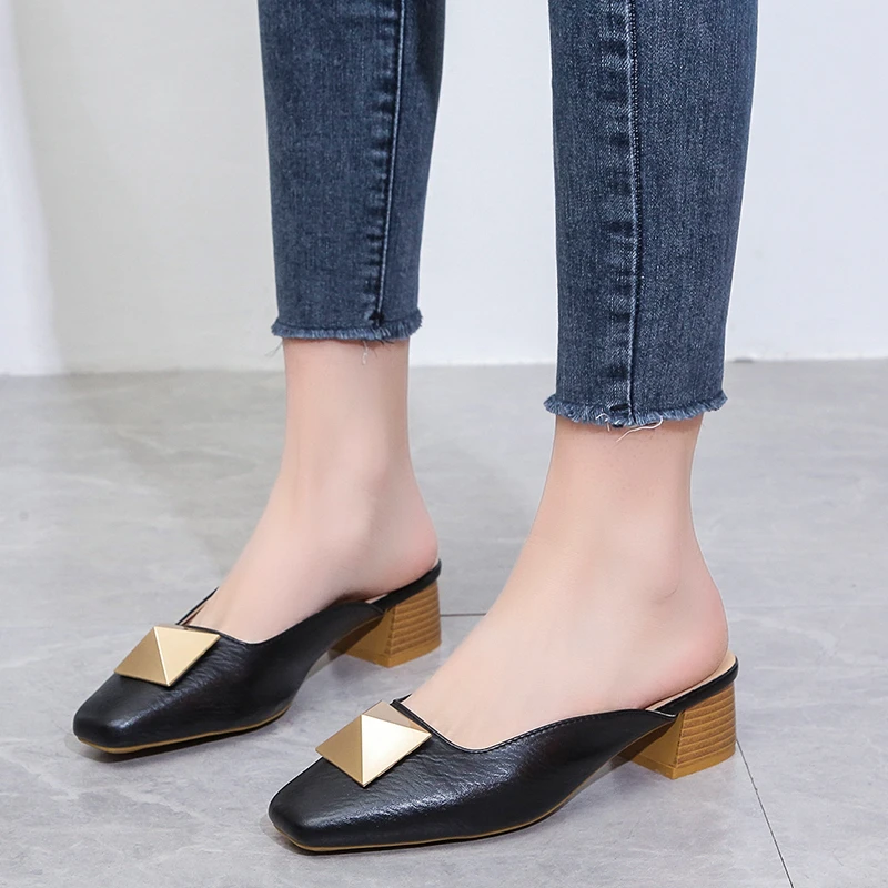 

Shoes Woman fashion Slides Women Square Toe Mules Closed Toe Pantuflas High heel Slippers zapatillas mujer