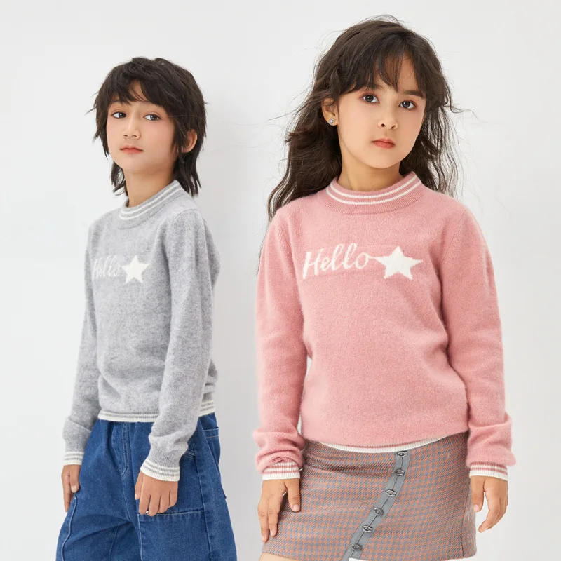 Новинка Зима 100% шерсть детский пуловер с круглым вырезом рубашка свитер
