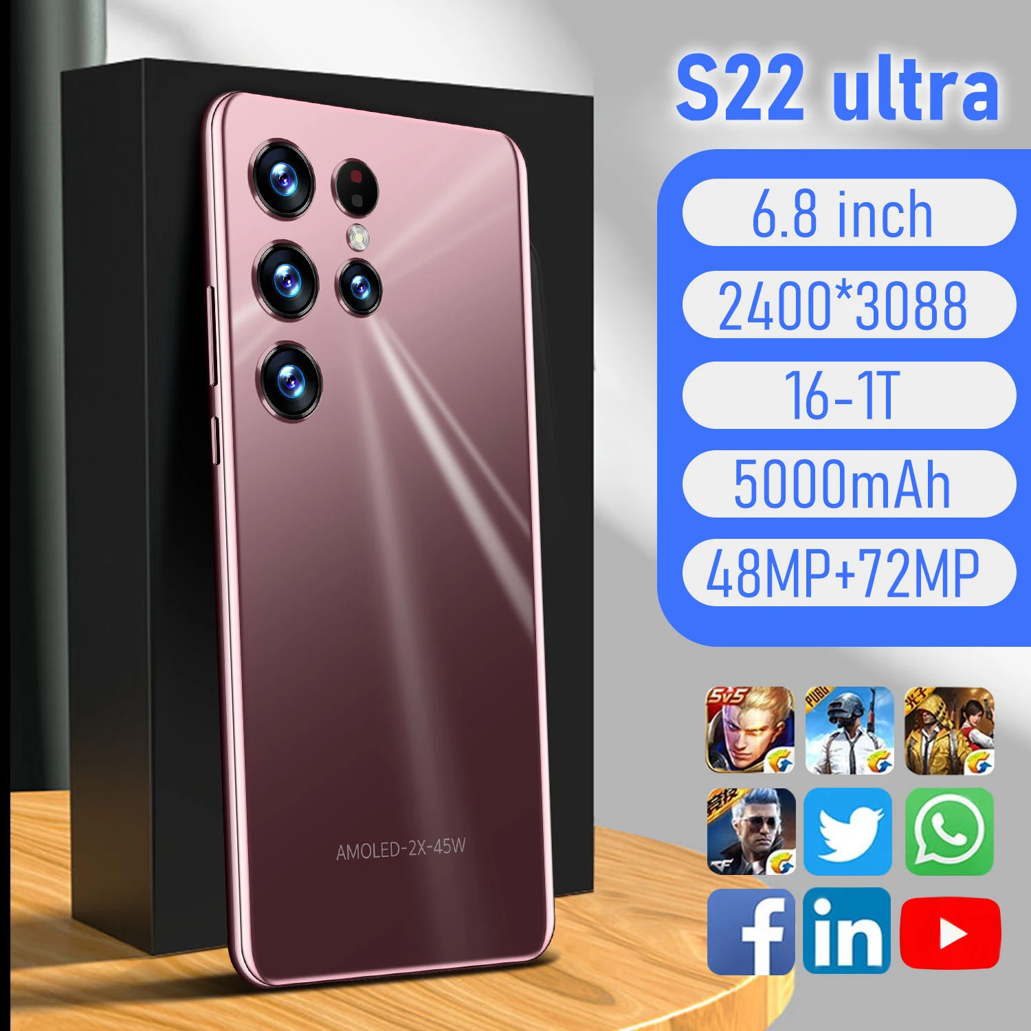 

Смартфон S22 Ultra, 6,8 дюйма, Android 12, 5000 мАч, WPS, 16 ГБ, 512 ГБ