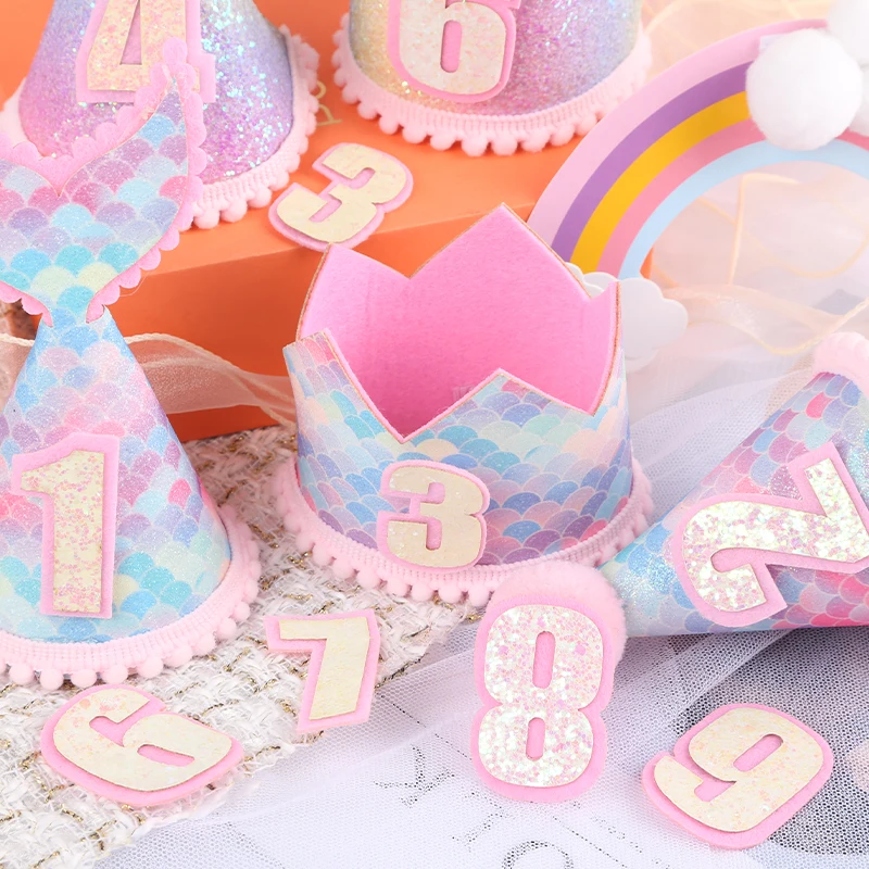

Cute Mermaid Birthday Hat Baby Kids Child Pet Party Decoration Shiny Rainbow Fishtail Crown Hats With Elastic Rope Numbers 1-9