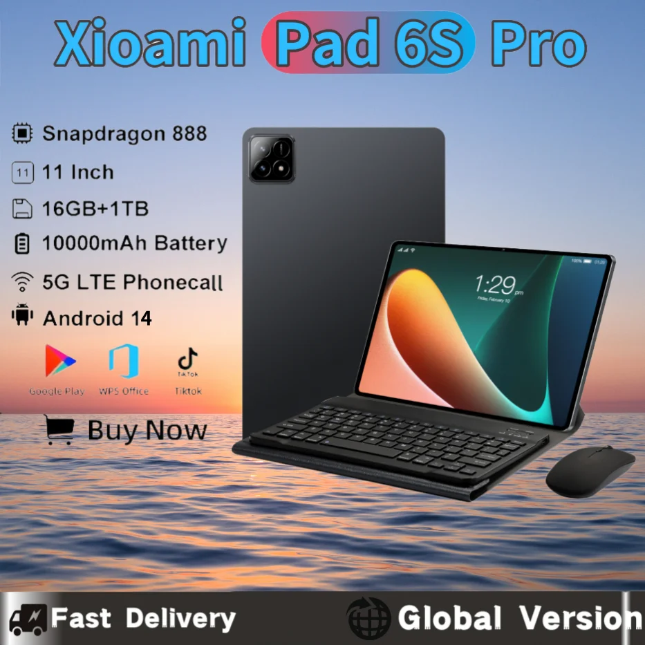 2025 Pad 6S Pro Планшет Android14 Snapdragon 888 11 дюймов HD 16 ГБ + 1 ТБ 20000 мАч 5G Dual SIM Bluetooth 5.0 WiFi GPS Mi