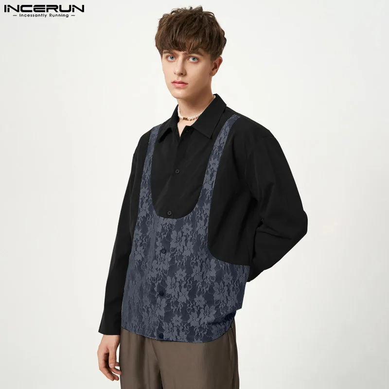 

Casual Fashionable Style Tops INCERUN New Mens Splice Lace Shirts Handsome Male All-match Fake Two Long Sleeve Blouse S-5XL 2023