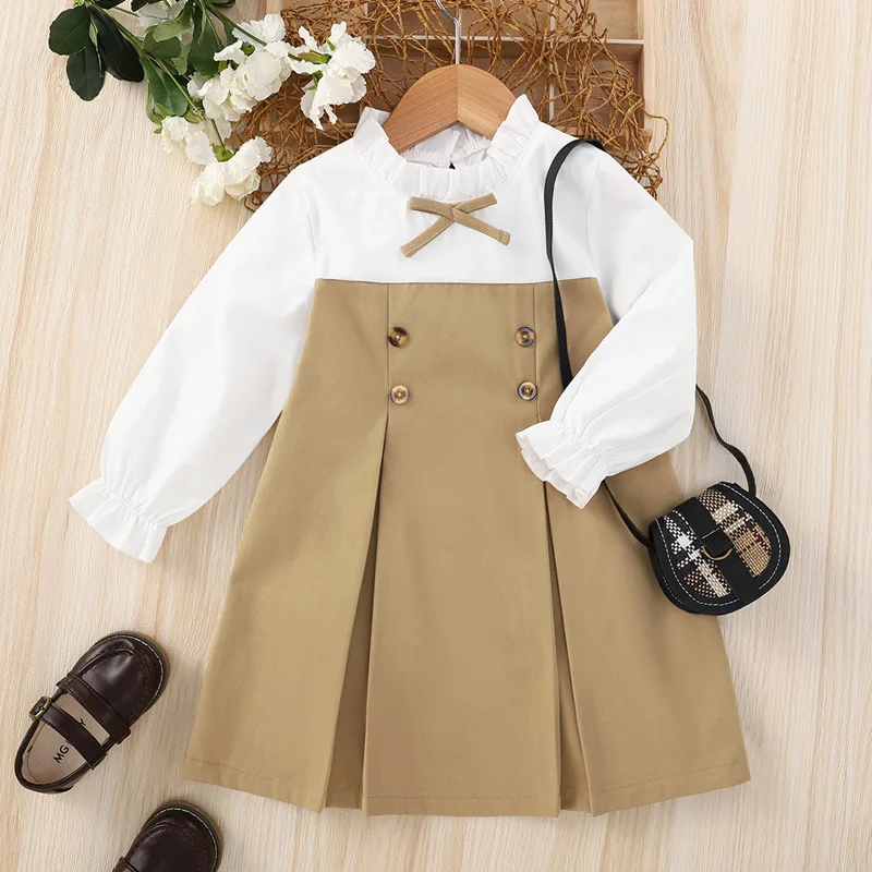 

Autumn Winter 2022 New Arrivals Girls Cute Dresses Long Sleeve Patchwork Button Apricot Cute Sweet Baby Dress Vestidos 4-7T