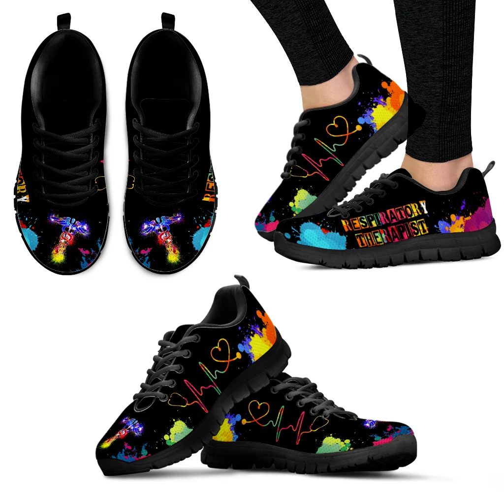 

INSTANTARTS Respiratory Therapist Design Brand Sneakers Rainbow Art Graffiti Black Soft Sole Loafers ECG Print Zapatos Planos