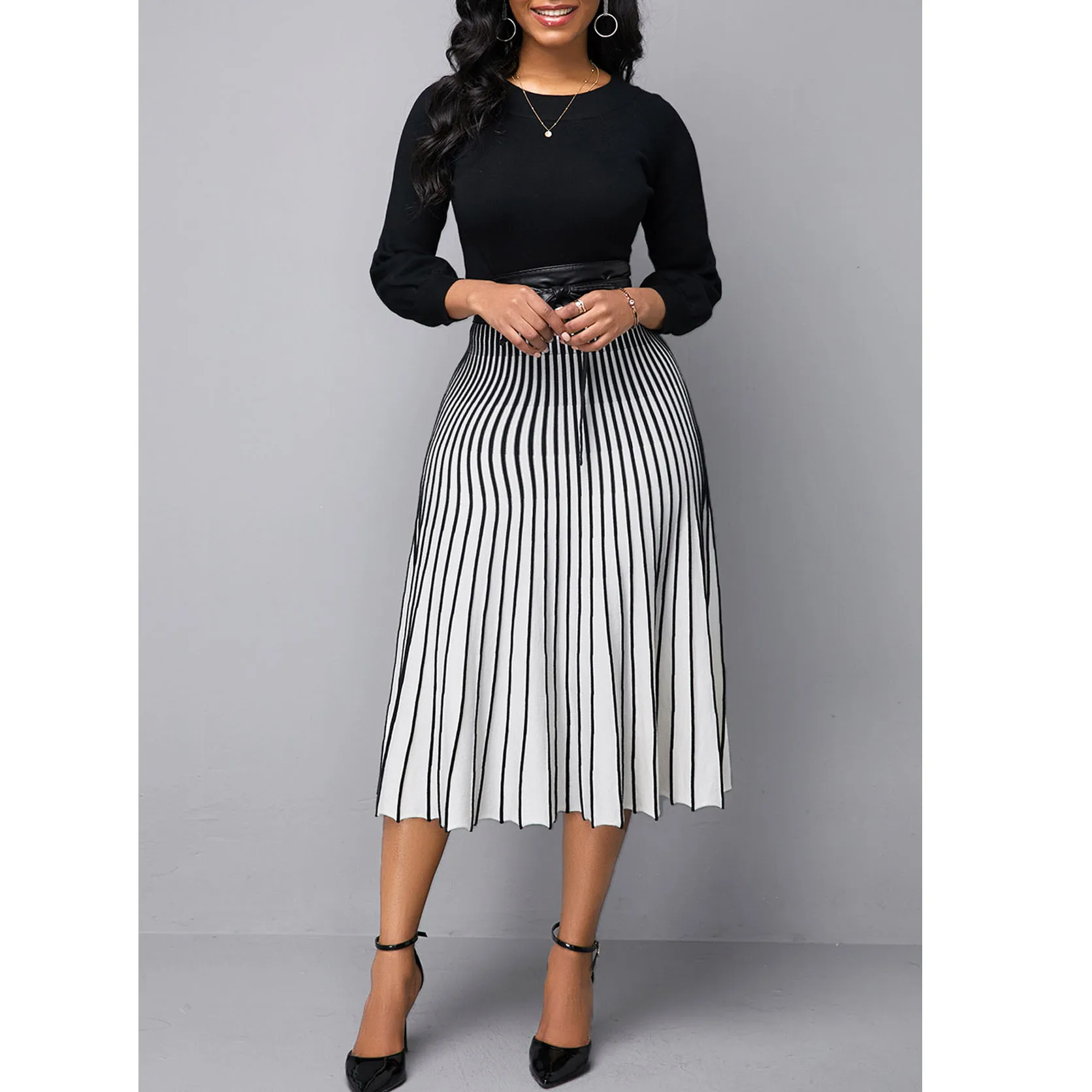 

Elegant Plus Size Women Dress 5XL Plus Office Lady Black Striped Dresses High Waist Female Vestidos