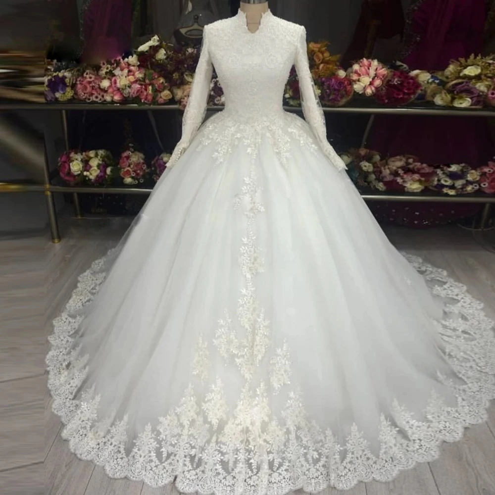 

Vintage Lace Muslim Wedding Dresses 2024 High V Neck Long Sleeves Bridal Gowns Appliques Princess Vestido De Novia Customized