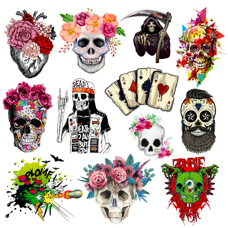 

Punk Rock Iron On Patches DIY Heat Thermal Transfer Clothing Patch Colorful Rose Skull Iron On Transfer Ironing Stickers