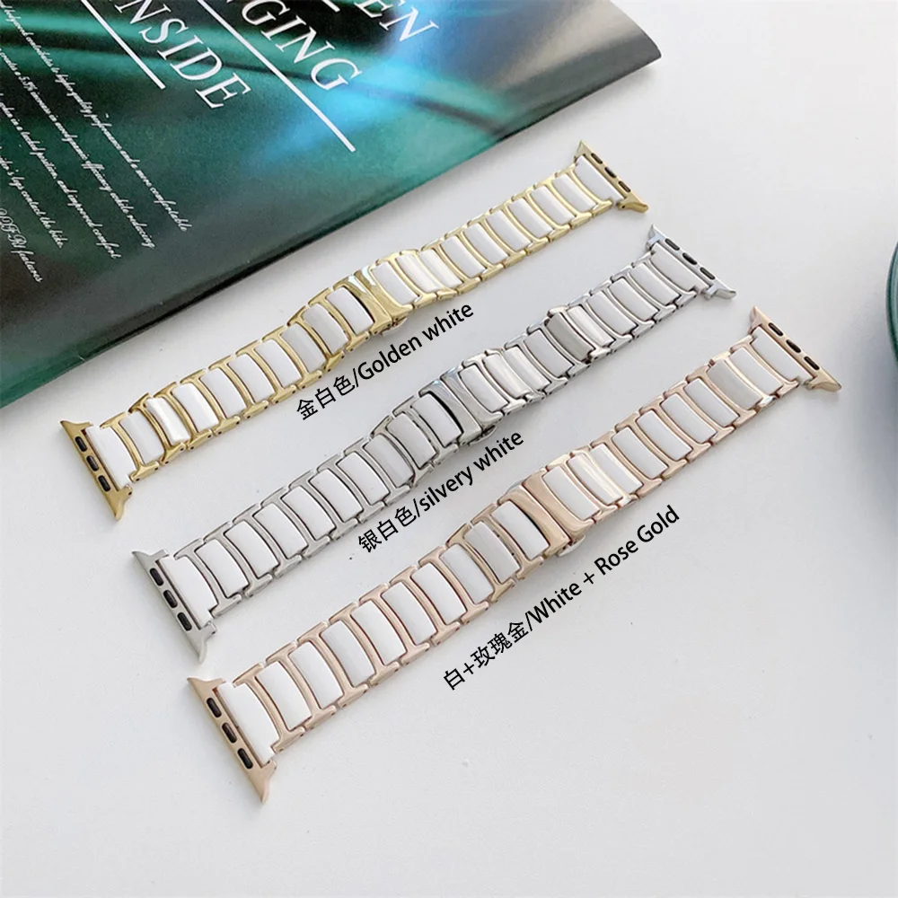 

Suitable For Apple Watch Strap Apple Watch Crescent Ceramic I-shaped Butterfly Buckle Watch Strap IWatch Steel Watch Chain S124