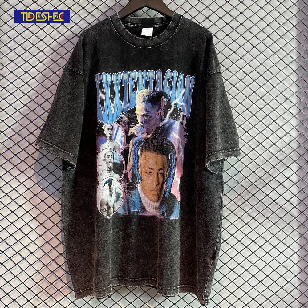 

TIDESHEC 2022 Men's T-shirt Xxxtentacion Graphic Print T-shirt Washed Oversize Hole Loose Casual Tee Top Men Harajuku T Shirt