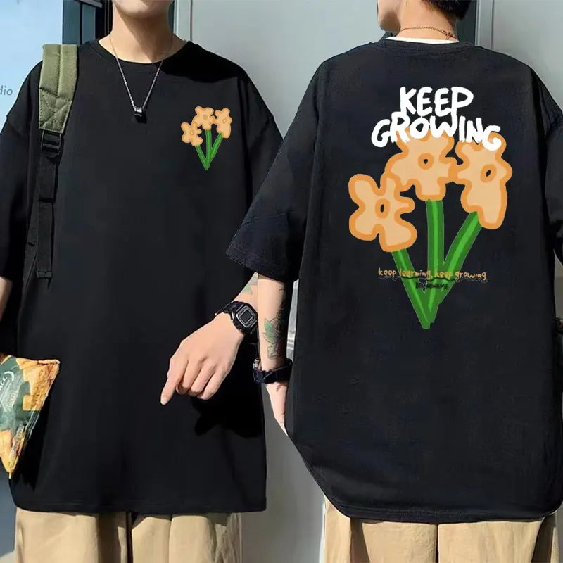 

Hot Keep Growing Keep Iearming Graffiti Small Chrysanthemum Graphic Printed Tshirt Men Women Fashion Hip Hop T-shirt Man Hoodies