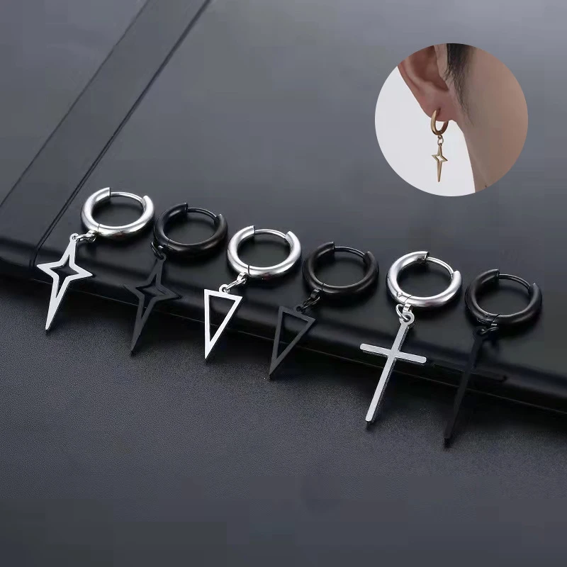 

RaoDspe Brand Fashion Women Star Cross Triangle Hoop Earrings Punk Rock Hiphop Stainless Steel Ear Jewelry Men Round Earrings