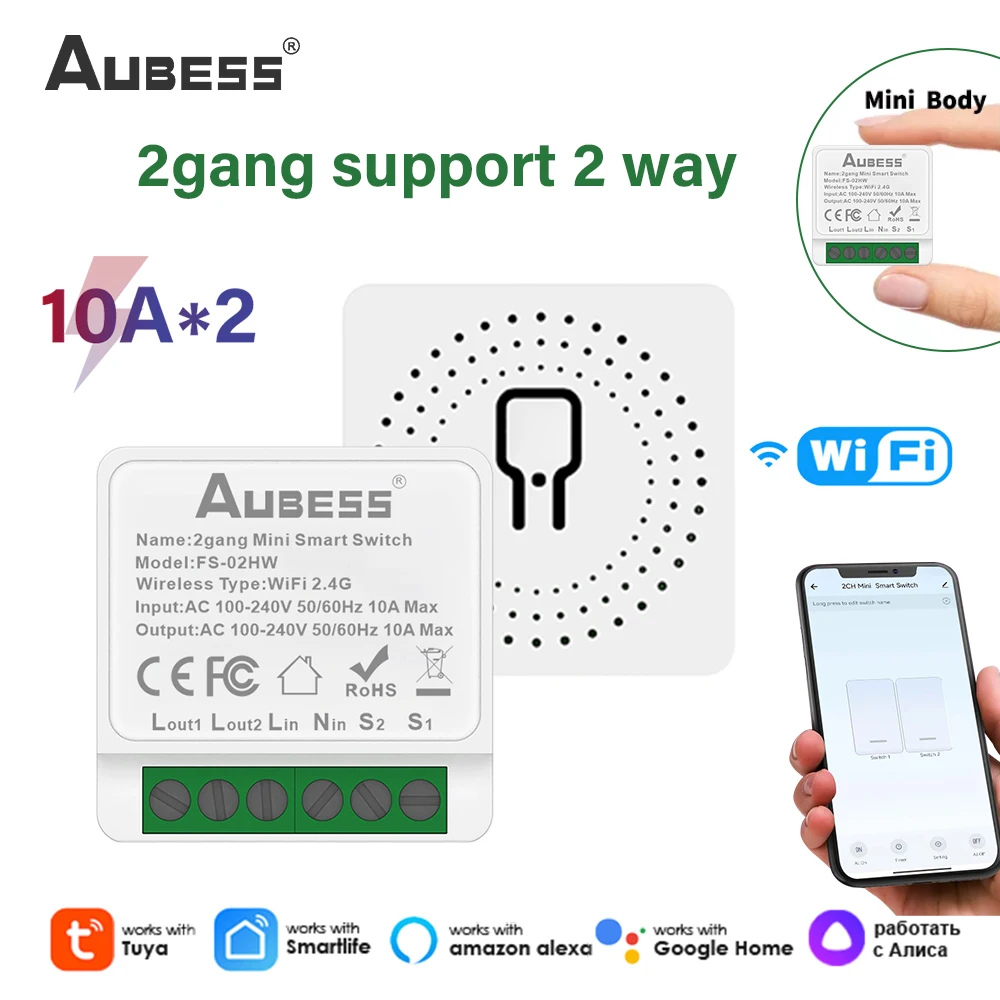 

Умный переключатель с 2 клавишами, 2,4 ГГц, Wi-Fi, 2x10 А