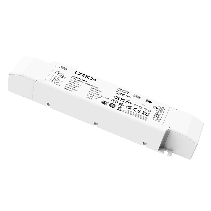 

LTECH Led DMX Dimming Driver;AC 200V-240V Input;36W 12V 24V Output Constant Voltage CV DMX512 RDM Push Dim LM-36-24-G1M2