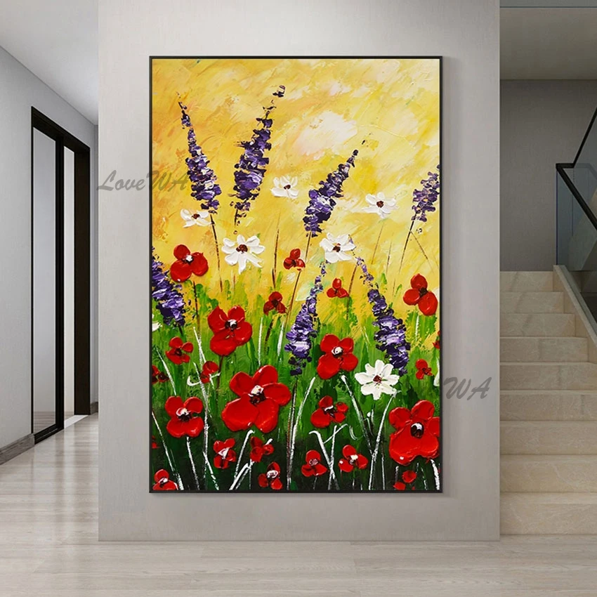 

Abstract Canvas Art Natural Scenery Wall Picture Unframed Red White Thick Acrylic Texture Handmade Beautiful Flower Painting