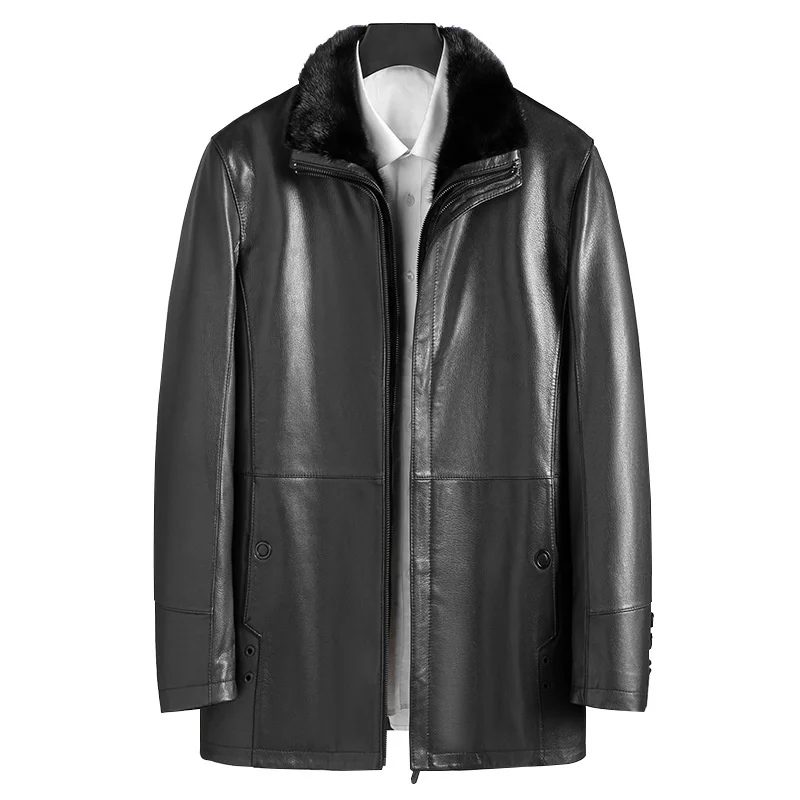 

2023 100% Genuine Sheepskin Leather Jacket Male Winter Real Mink Fur Collar Coat Warm Black Parkas Chaquetas Hombre Gmm5