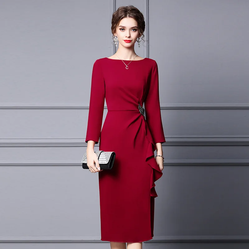 

2023 Autumn Women's Elegant Temperament New Ruffled Bow Waist Midi Dress Female
