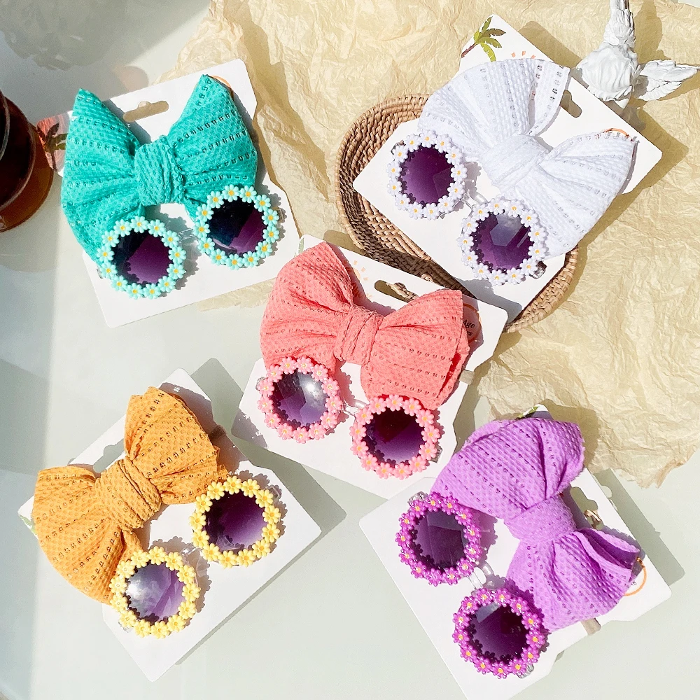 

2Pcs/Set Cute Flower Sunglasses with Elastic Nylon Baby Headband Bohemia Beach Seaside Sun Glasses Kids Puff Bow Headwear