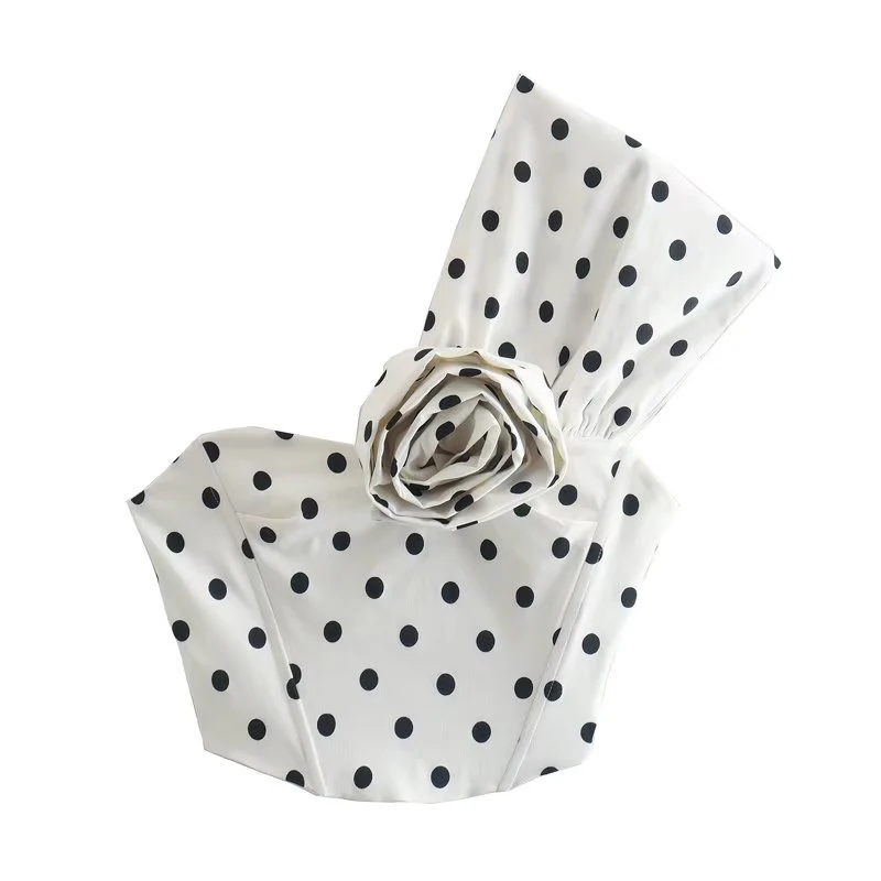 

2022 Summer Women Three-dimensional Rose Decoration Polka Dot Vest High Street Asymmetric Collar Single Sleeve Chic Top XX8778