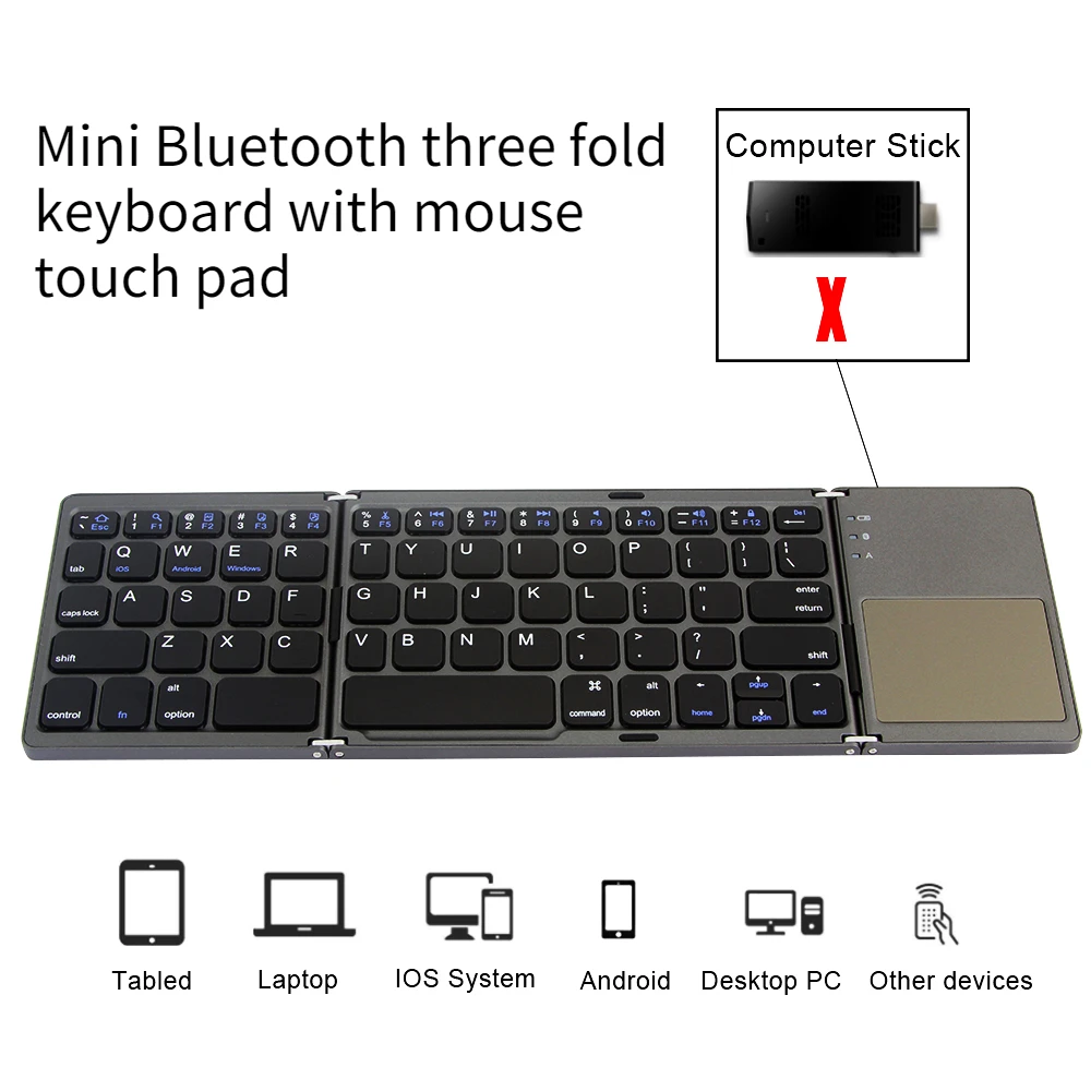 

Mini Bluetooth Three Fold Keyboard 63Keys With Touch Screen Keypad Ergonomic Rechargeable Keyset For Laptop Computer IOS Windows