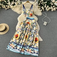 2022 summer fashion two piece sets womens flower print sleeveless strap crop top retro print maxi a line ruffle skirts suits