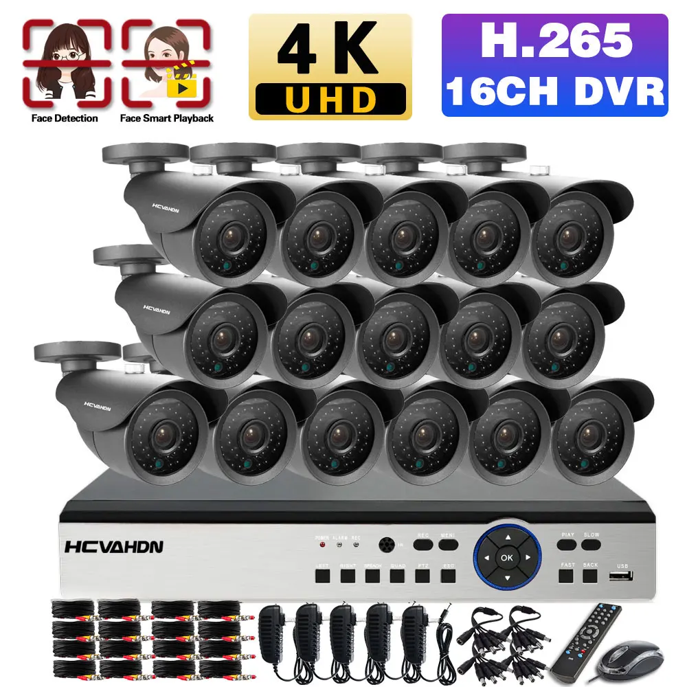 

Система видеонаблюдения, 16 каналов, AHD DVR, 4K, наружная Водонепроницаемая цилиндрическая стандартная камера, 8 Мп, аналоговая HD-камера, комплек...