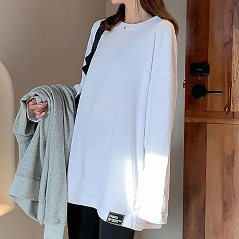 

Autumn White Black y2k Tops Women Korean harajuku Appliques Split Cotton T-shirt Long Sleeve Casual Loose Basic Shirt streetwear