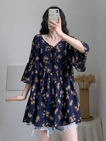 2022 spring women navy blue floral dresses v neck half flare sleeve mini length loose fitting one piece robe cozy dress french