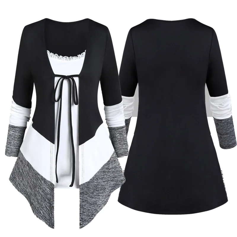 

Блузка Женская Асимметричная с заостренным подолом, топ с кружевной отделкой и узлом, Повседневная рубашка с длинным рукавом, топ с принтом ...