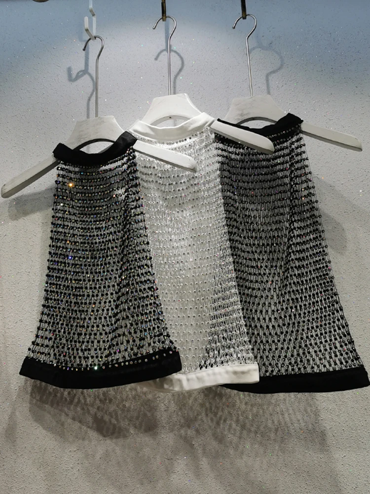 

Spring Summer 2023 Women's See-Through Sleeveless Tank Top y2k clothes Spice Girls Fashion Sexy Mesh Diamond Studded Tank Top
